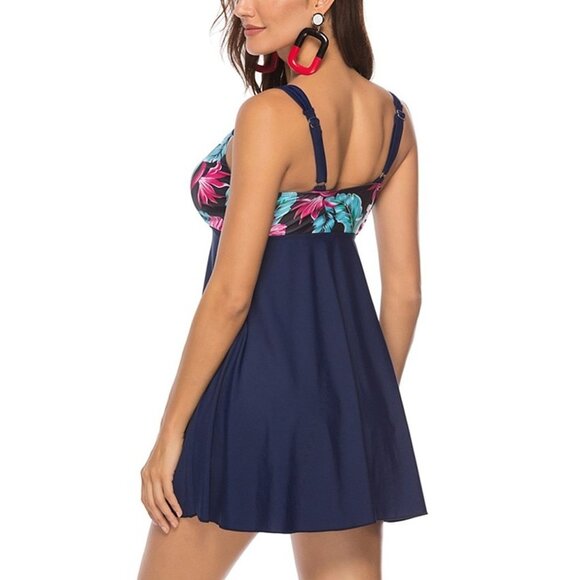 Floral Print Upper Two-Piece Swimsuit Navy Blue Tankini Swim Dress Beachwear - Picture 2 of 10